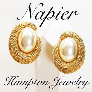 Exquisite Napier Simulated Pearl Earrings in Gold Rope Clip-on Settings